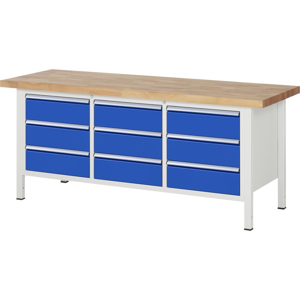 Produktabbildung: RAU Werkbank Serie 8000, 1 Dreifach-Container, HxBxT 840-1.040 x 2.000 x 700 mm, 9 x 90%-Auszug-Schubladen 9 x 180 mm, Breite 490 mm