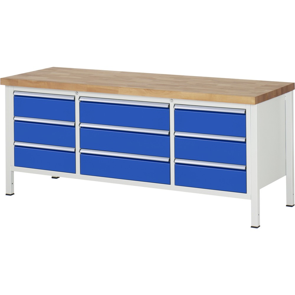 Produktabbildung Nr. 1: RAU Werkbank Serie 8000, 1 Dreifach-Container, HxBxT 840 x 2.000 x 700 mm, 9 x 90%-Auszug-Schubladen 9 x 180 mm, Schubladen-TK 100/75 kg