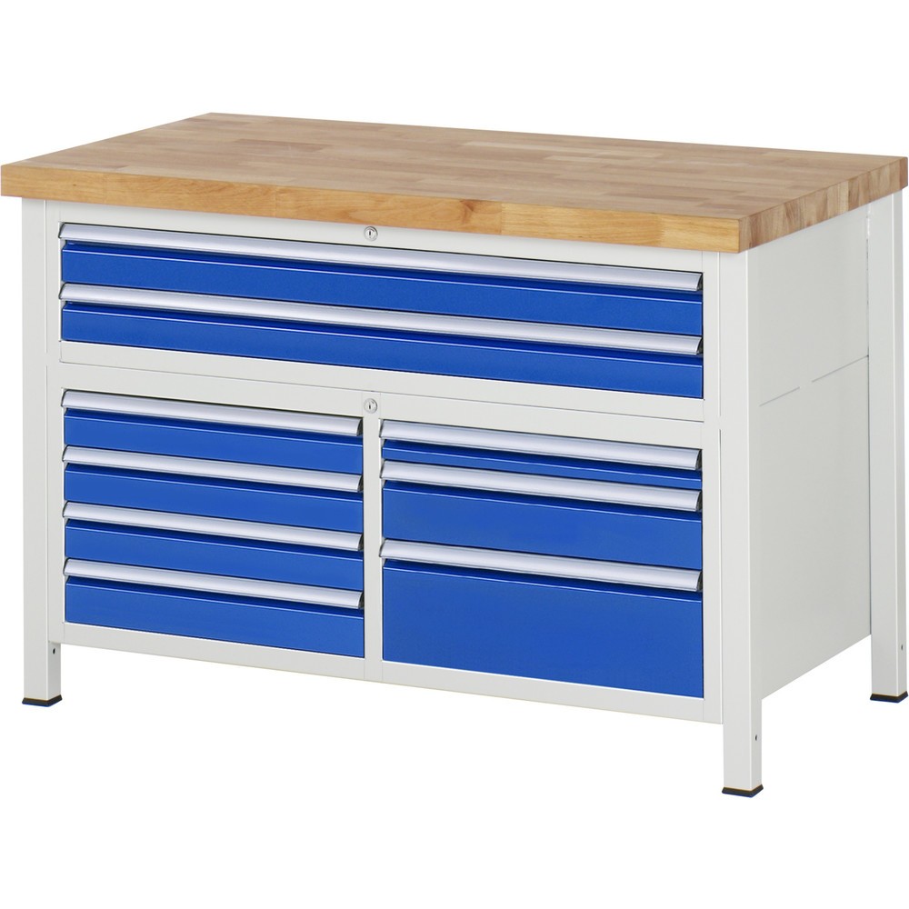 Produktabbildung Nr. 1: RAU Werkbank Serie 8000, 1 Dreifach-Container, HxBxT 840 x 1.250 x 700 mm, 9 x 90%-Auszug-Schubladen 1 x 60, 6 x 90, 1 x 120, 1 x 180 mm, Schubladen-TK 100/50 kg