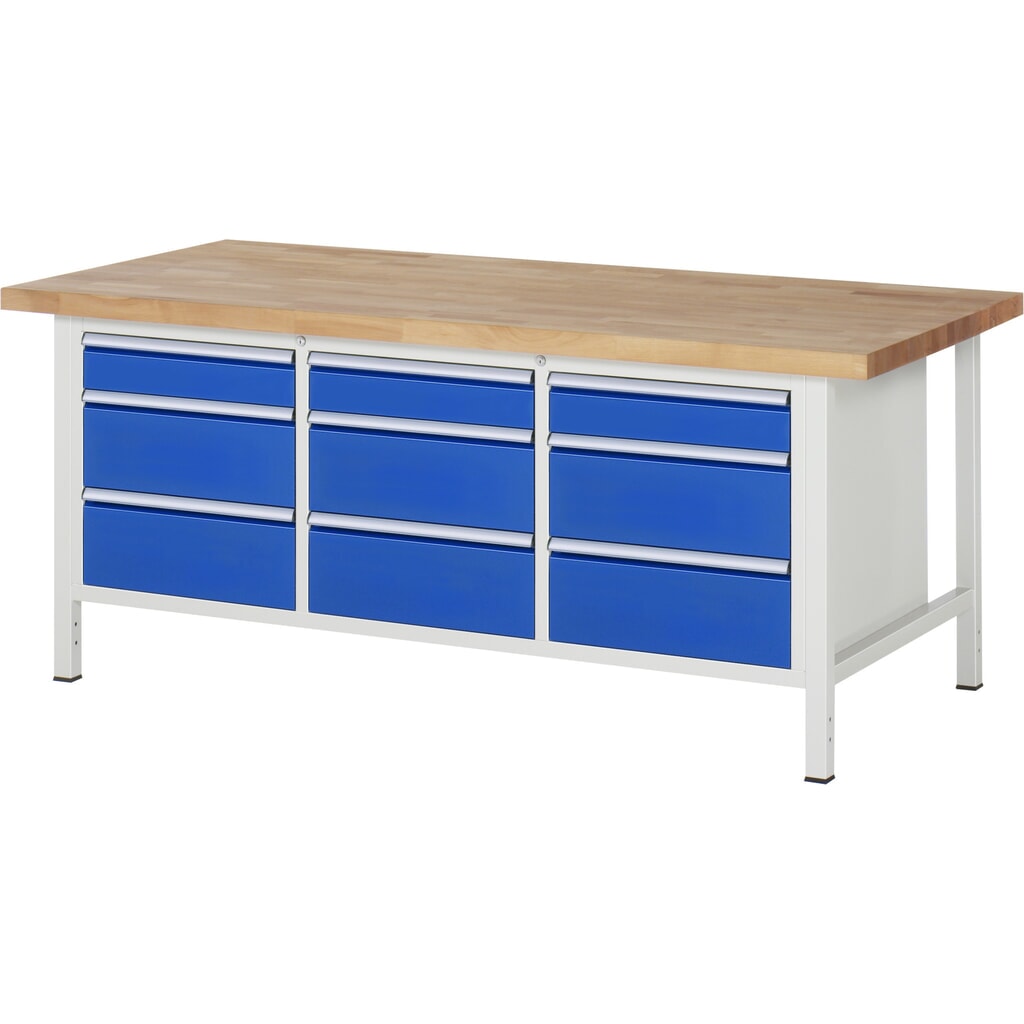 RAU Werkbank Serie 8000, 1 Dreifach-Container, HxBxT 840 x 2.000 x 900 mm, 9 x 90%-Auszug-Schubladen 3 x 120, 6 x 210 mm, Schubladen-TK 100 kg Produktabbildung: RAU Werkbank Serie 8000, 1 Dreifach-Container, HxBxT 840 x 2.000 x 900 mm, 9 x 90%-Auszug-Schubladen 3 x 120, 6 x 210 mm, Schubladen-TK 100 kg