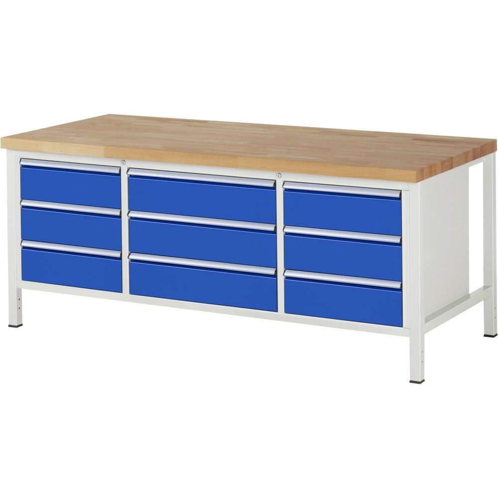 Produktabbildung: RAU Werkbank Serie 8000, 1 Dreifach-Container, HxBxT 840-1.040 x 2.000 x 900 mm, 9 x 90%-Auszug-Schubladen 9 x 180 mm, Breite 490-680 mm