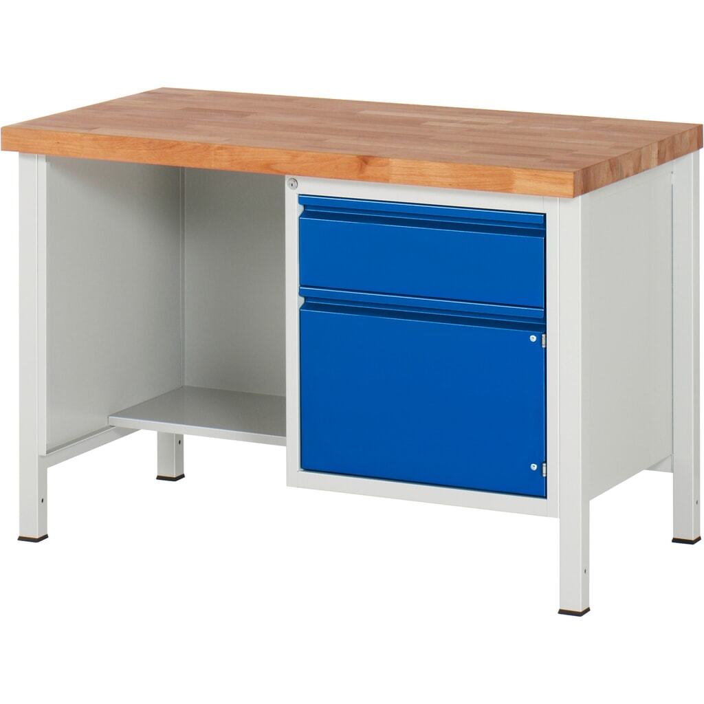 RAU Werkbank Serie 8000, 1 Ablageboden, 1 Flügeltür, HxBxT 840-1.040 x 1.250 x 700 mm, 1 x 90%-Auszug-Schublade, Griffleiste Produktabbildung: RAU Werkbank Serie 8000, 1 Ablageboden, 1 Flügeltür, HxBxT 840-1.040 x 1.250 x 700 mm, 1 x 90%-Auszug-Schublade, Griffleiste
