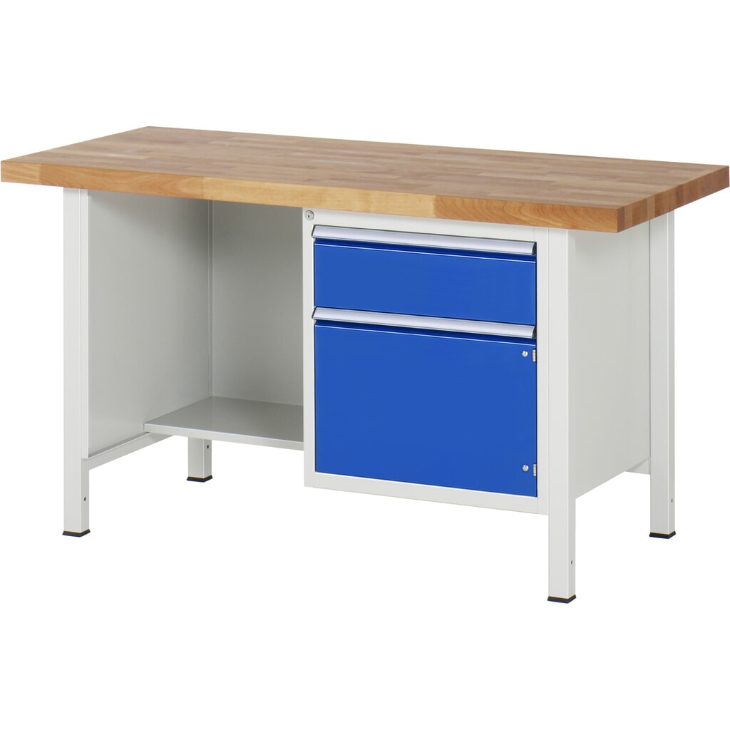 Produktabbildung: RAU Werkbank Serie 8000, 1 Ablageboden, 1 Flügeltür, HxBxT 840-1.040 x 1.500 x 900 mm, 1 x 100%-Auszug-Schublade, ErgoScript