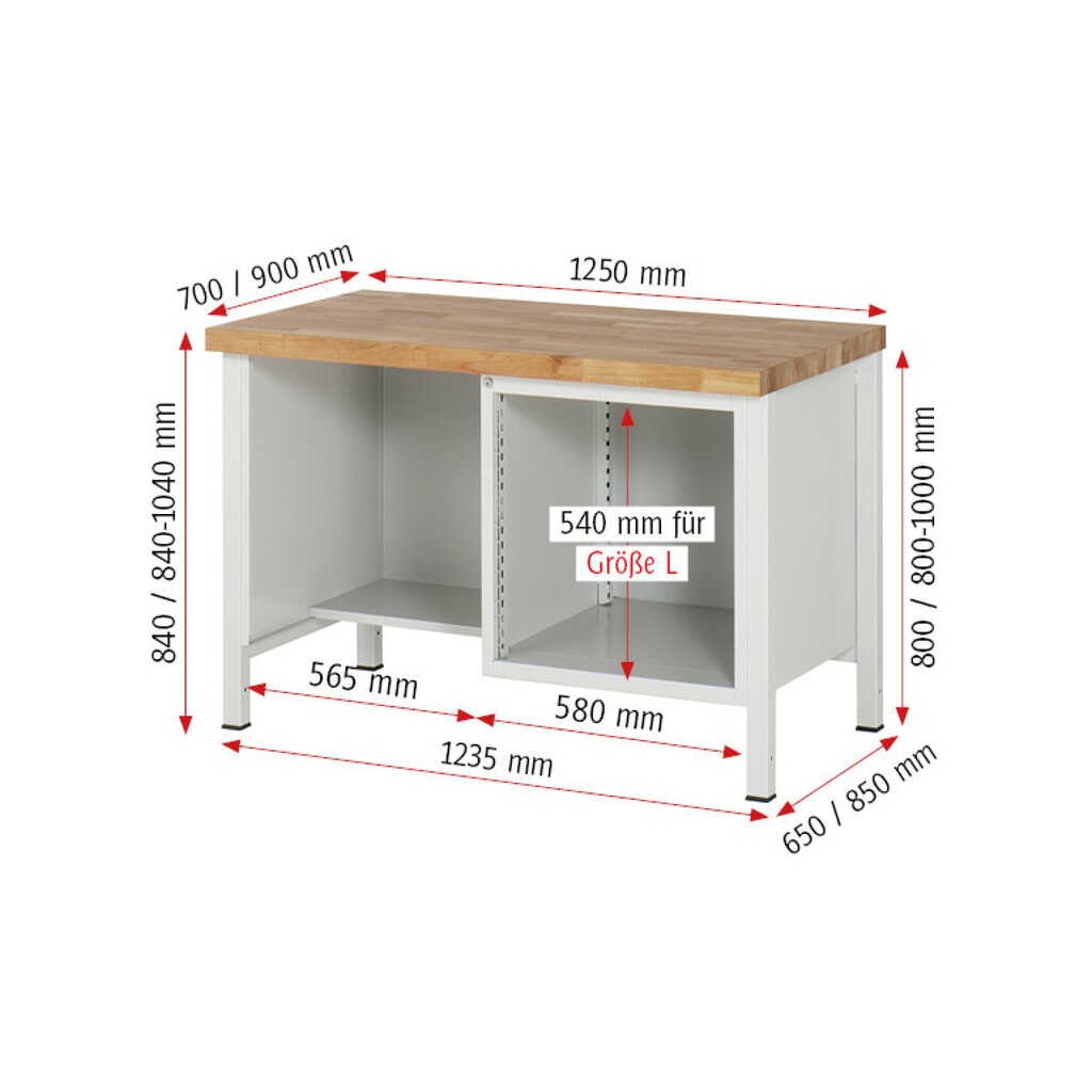 Produktabbildung Nr. 8: RAU Werkbank Serie 8000, 1 Ablageboden, HxBxT 840-1.040 x 1.250 x 700 mm, 4 x 90%-Auszug-Schubladen