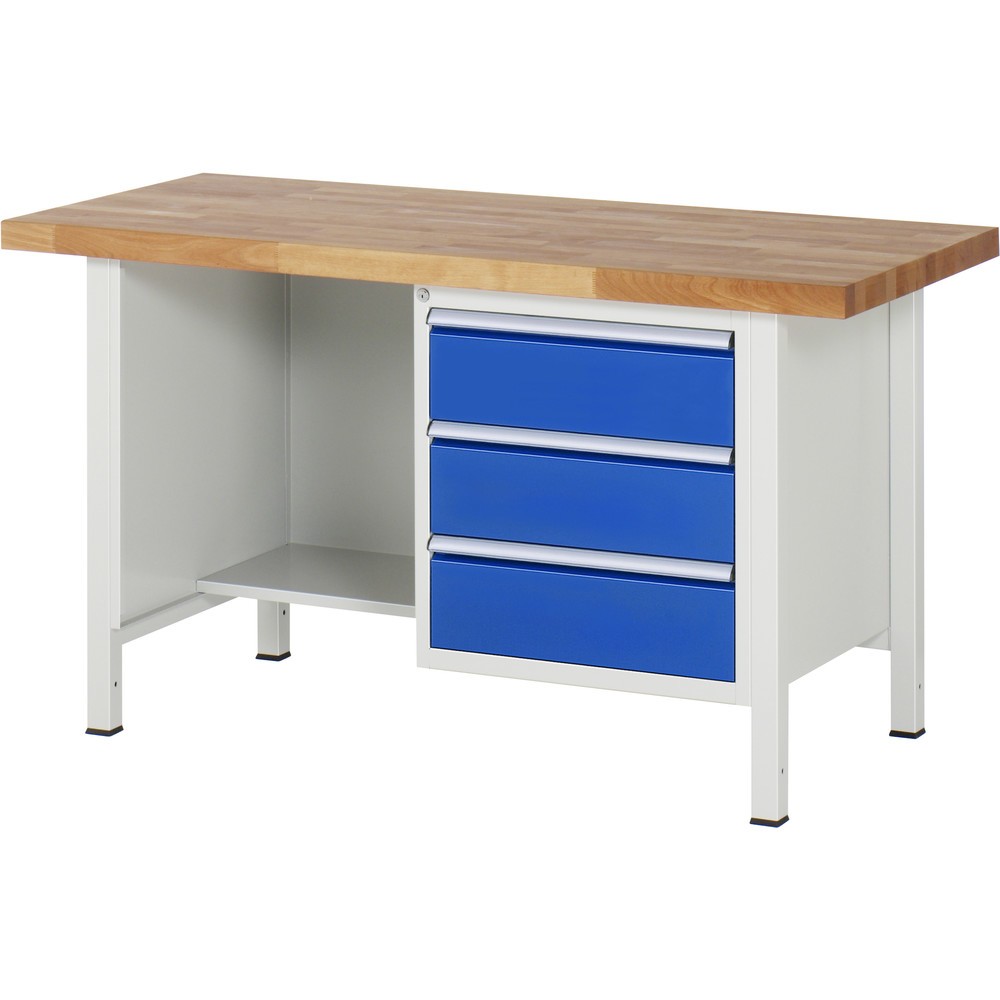 Produktabbildung: RAU Werkbank Serie 8000, 1 Ablageboden, HxBxT 840-1.040 x 1.500 x 700 mm, 3 x 90 % Auszugs-Schubladen, ErgoScript®