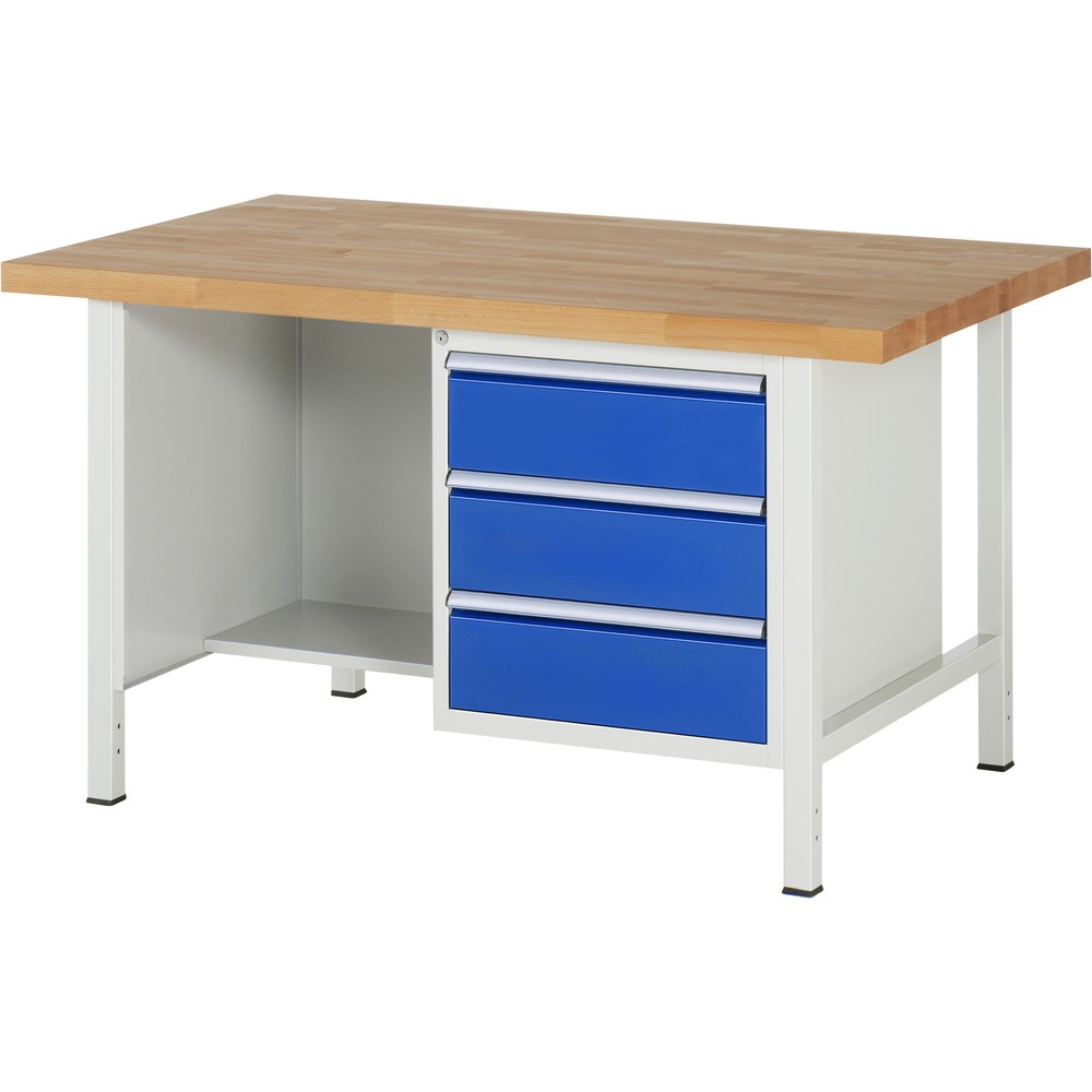 Produktabbildung: RAU Werkbank Serie 8000, 1 Ablageboden, HxBxT 840-1.040 x 1.500 x 900 mm, 3 x 90 % Auszugs-Schubladen, ErgoScript®