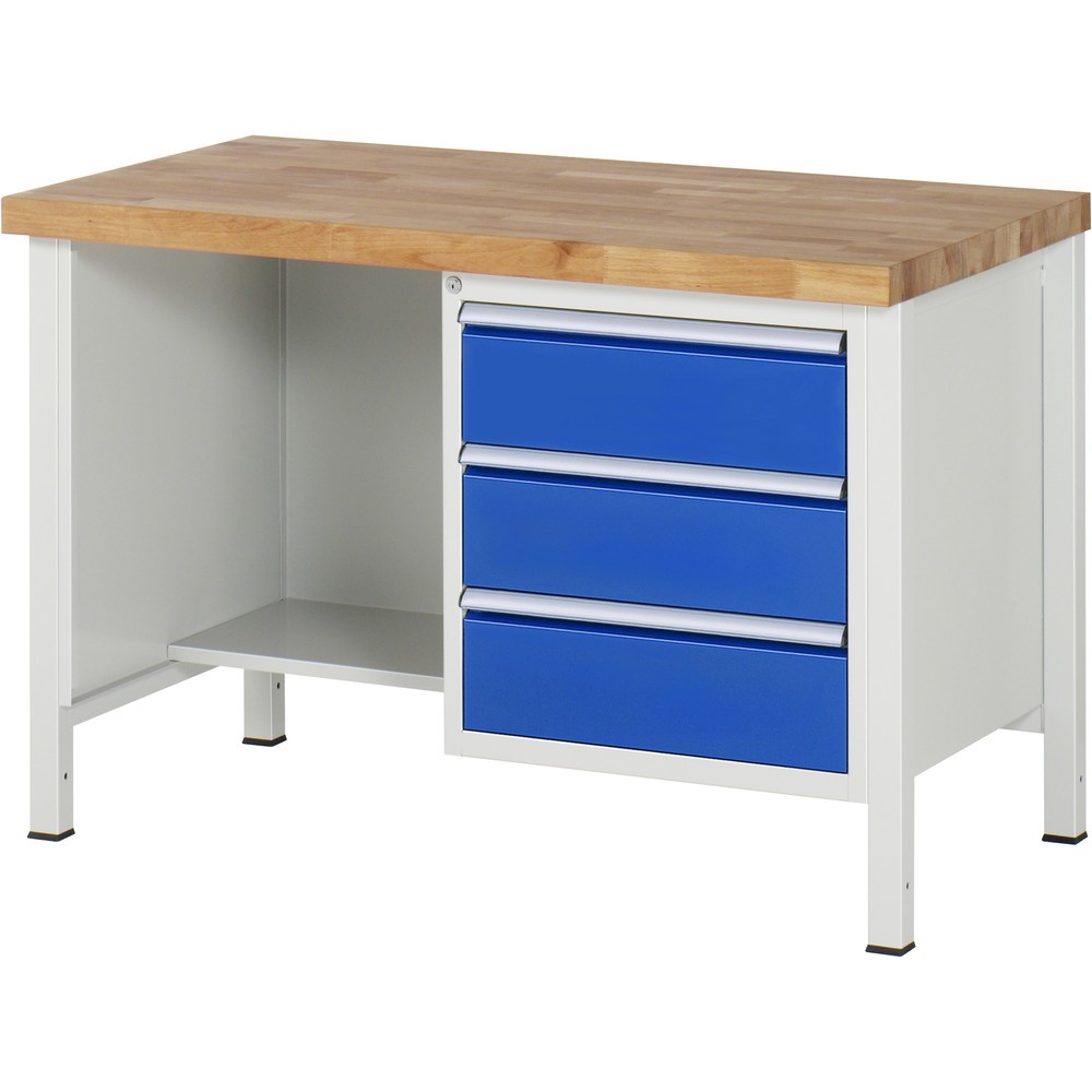 Produktabbildung: RAU Werkbank Serie 8000, 1 Ablageboden, HxBxT 840-1.040 x 1.250 x 700 mm, 3 x 90 % Auszugs-Schubladen, ErgoScript®