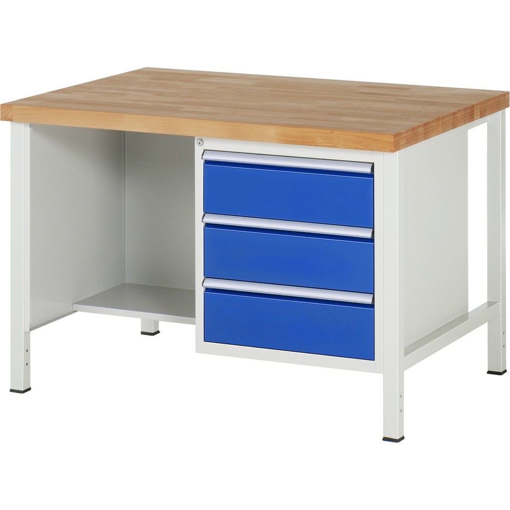 Produktabbildung: RAU Werkbank Serie 8000, 1 Ablageboden, HxBxT 840-1.040 x 1.250 x 900 mm, 3 x 90 % Auszugs-Schubladen, ErgoScript®