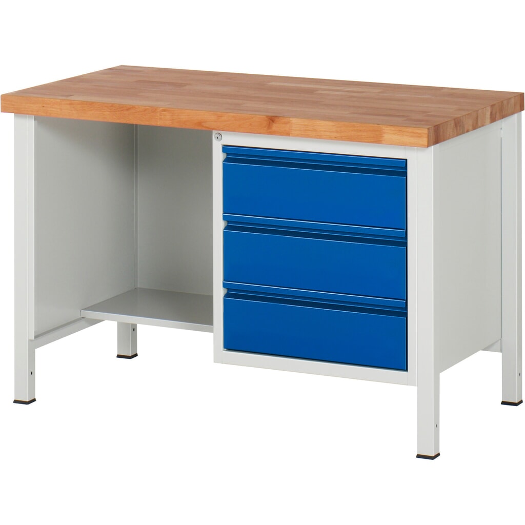 Produktabbildung Nr. 1: RAU Werkbank Serie 8000, 1 Ablageboden, HxBxT 840-1.040 x 1.250 x 700 mm, 3 x 90% Auszugs-Schubladen, integrierte Griffleiste