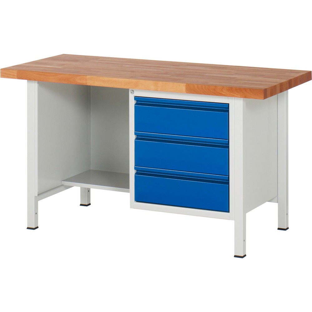 Produktabbildung Nr. 1: RAU Werkbank Serie 8000, 1 Ablageboden, HxBxT 840-1.040 x 1.500 x 700 mm, 3 x 90% Auszugs-Schubladen, integrierte Griffleiste