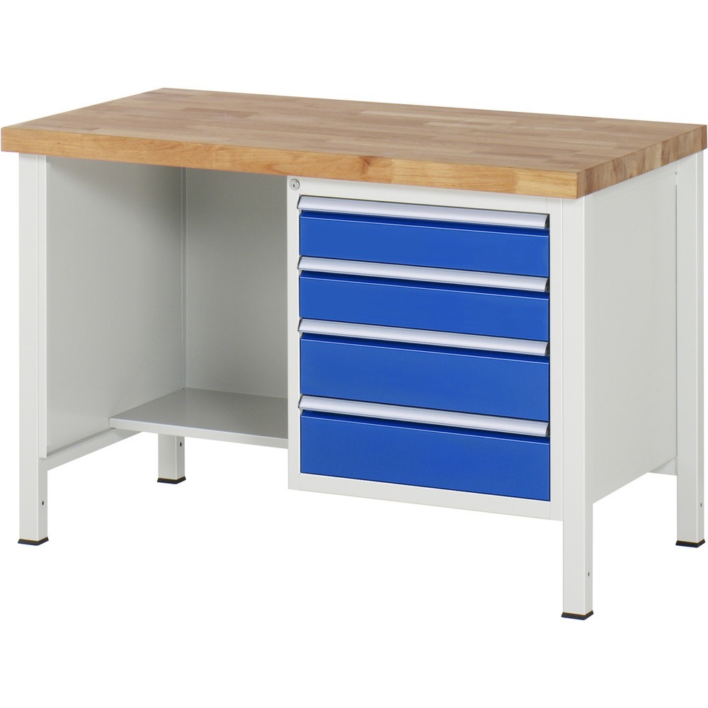 Produktabbildung Nr. 1: RAU Werkbank Serie 8000, 1 Ablageboden, HxBxT 840-1.040 x 1.250 x 700 mm, 4 x 90%-Auszug-Schubladen