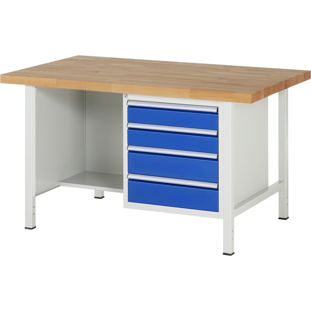 RAU Werkbank Serie 8000, 1 Ablageboden, HxBxT 840 x 1.500 x 900 mm, 4 x 90%-Auszug-Schubladen Produktabbildung: RAU Werkbank Serie 8000, 1 Ablageboden, HxBxT 840 x 1.500 x 900 mm, 4 x 90%-Auszug-Schubladen
