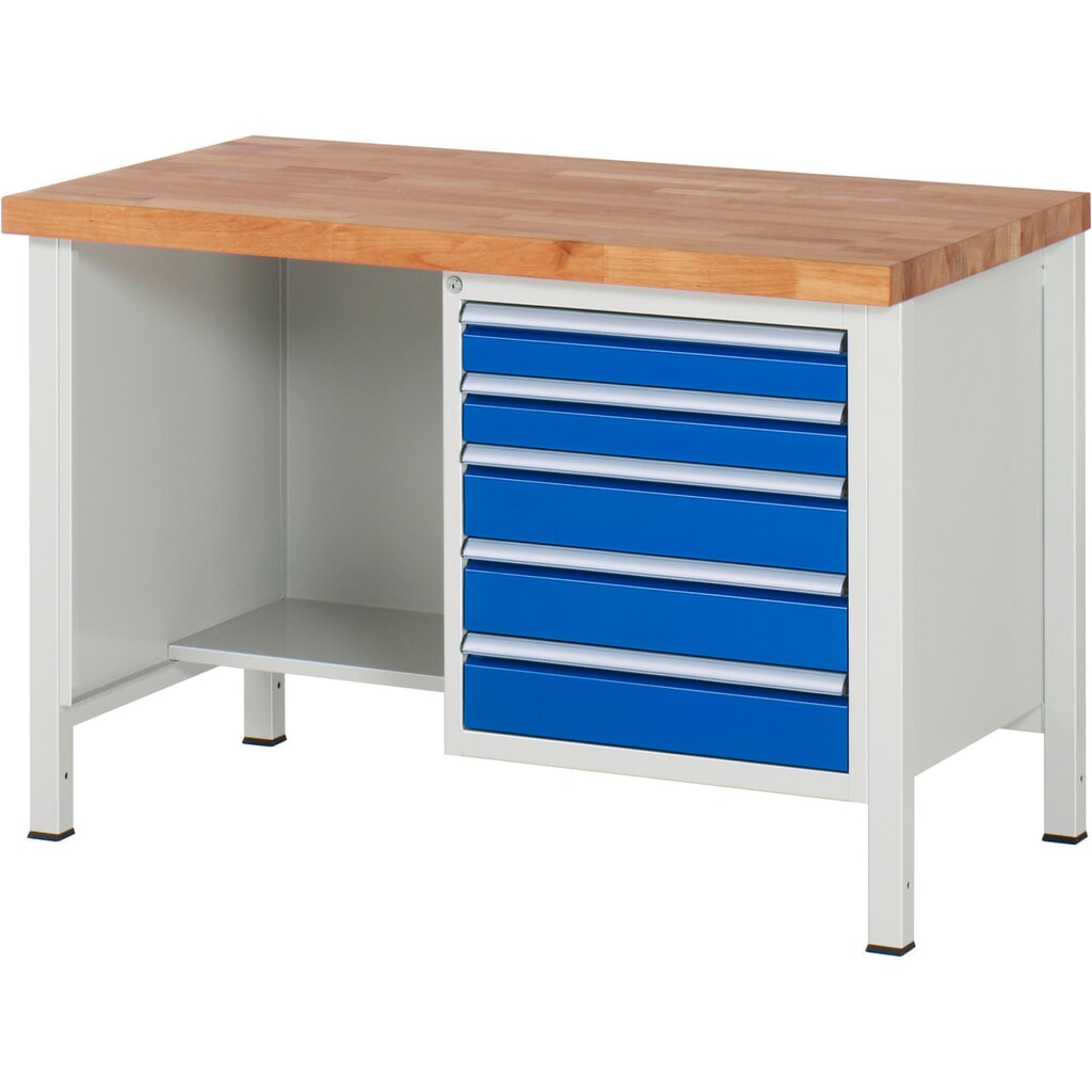 Produktabbildung: RAU Werkbank Serie 8000, 1 Ablageboden, HxBxT 840 x 1.250 x 700 mm, 5 x 90%-Auszug-Schubladen