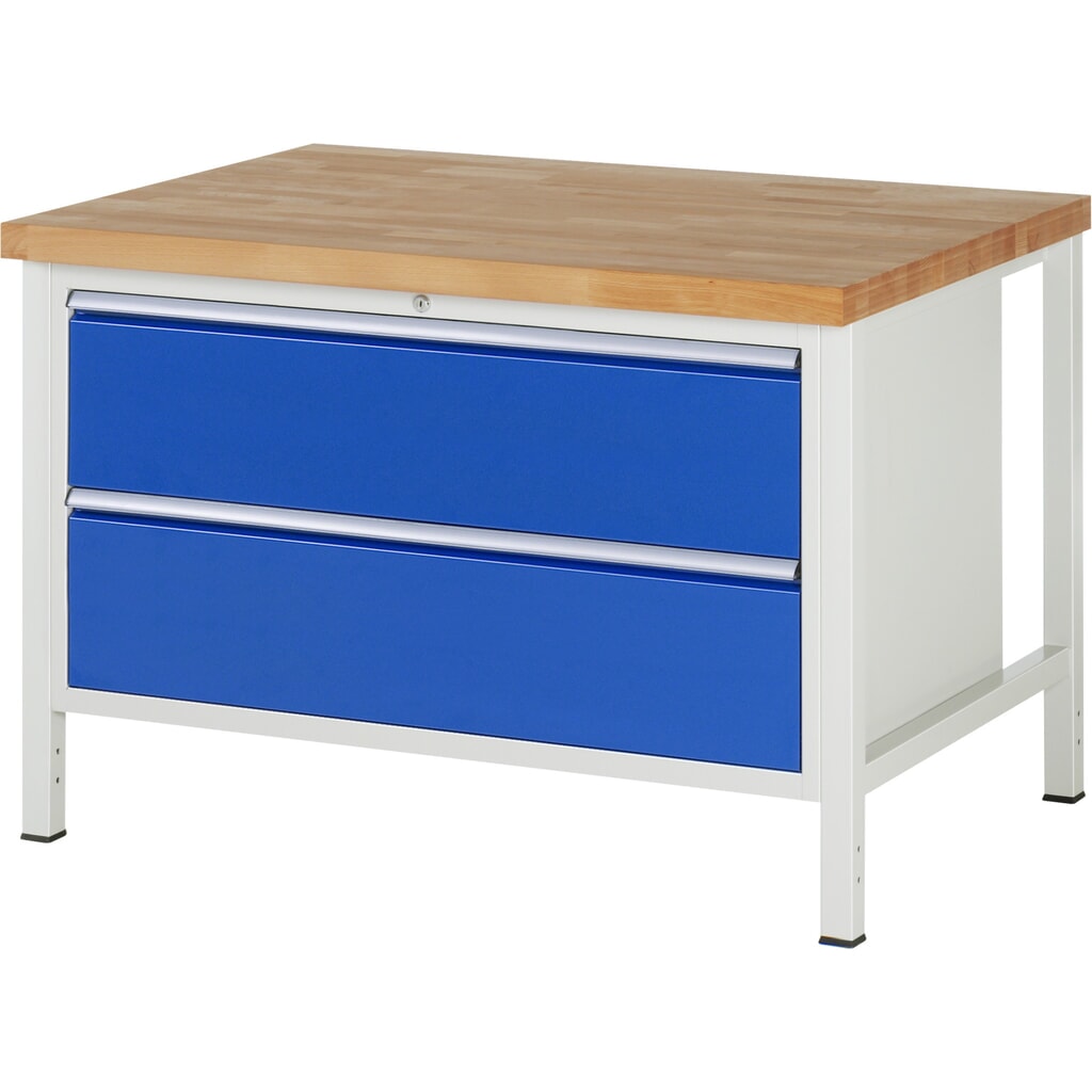 RAU Werkbank Serie 8000, HxBxT 840 x 1.250 x 900 mm, 2 x 90%-Auszug-Schubladen 2 x 270 mm, Schubladen-TK 50 kg Produktabbildung: RAU Werkbank Serie 8000, HxBxT 840 x 1.250 x 900 mm, 2 x 90%-Auszug-Schubladen 2 x 270 mm, Schubladen-TK 50 kg