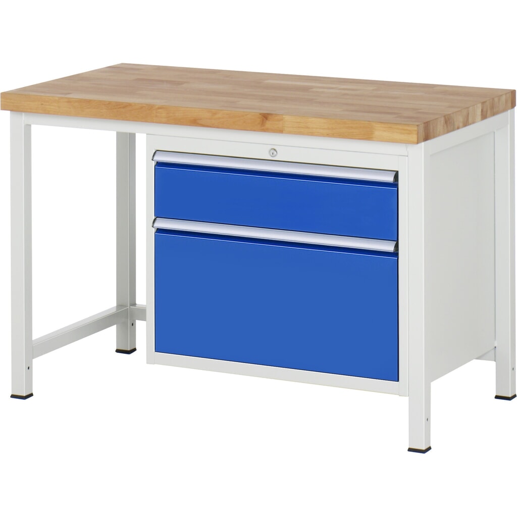 Produktabbildung: RAU Werkbank Serie 8000, HxBxT 840 x 1.250 x 700 mm, 2 x 90%-Auszug-Schubladen 1 x 180, 1 x 360 mm, Schubladen-TK 75 kg