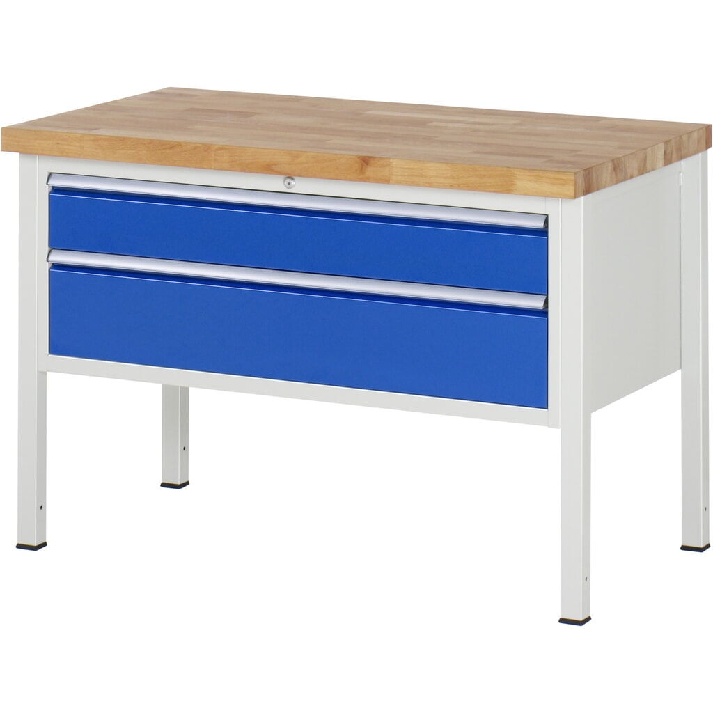 RAU Werkbank Serie 8000, HxBxT 840-1.040 x 1.250 x 700 mm, 2 x 100%-Auszug-Schubladen 1 x 150, 1 x 210 mm, Schubladen-TK 50 kg Produktabbildung: RAU Werkbank Serie 8000, HxBxT 840-1.040 x 1.250 x 700 mm, 2 x 100%-Auszug-Schubladen 1 x 150, 1 x 210 mm, Schubladen-TK 50 kg