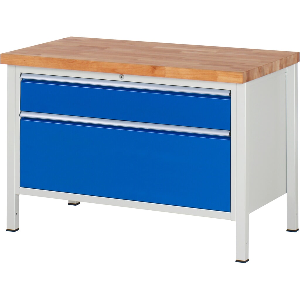 RAU Werkbank Serie 8000, HxBxT 840-1.040 x 1.250 x 700 mm, 2 x 90%-Auszug-Schubladen 1 x 180, 1 x 360 mm, Schubladen-TK 50 kg Produktabbildung: RAU Werkbank Serie 8000, HxBxT 840-1.040 x 1.250 x 700 mm, 2 x 90%-Auszug-Schubladen 1 x 180, 1 x 360 mm, Schubladen-TK 50 kg