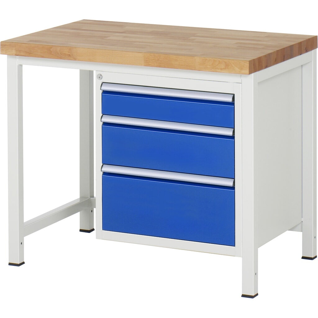 Produktabbildung: RAU Werkbank Serie 8000, HxBxT 840-1.040 x 1.000 x 700 mm, 3 x 90%-Auszug-Schubladen 1 x 120, 1 x 180, 1 x 240 mm, Breite 490 mm