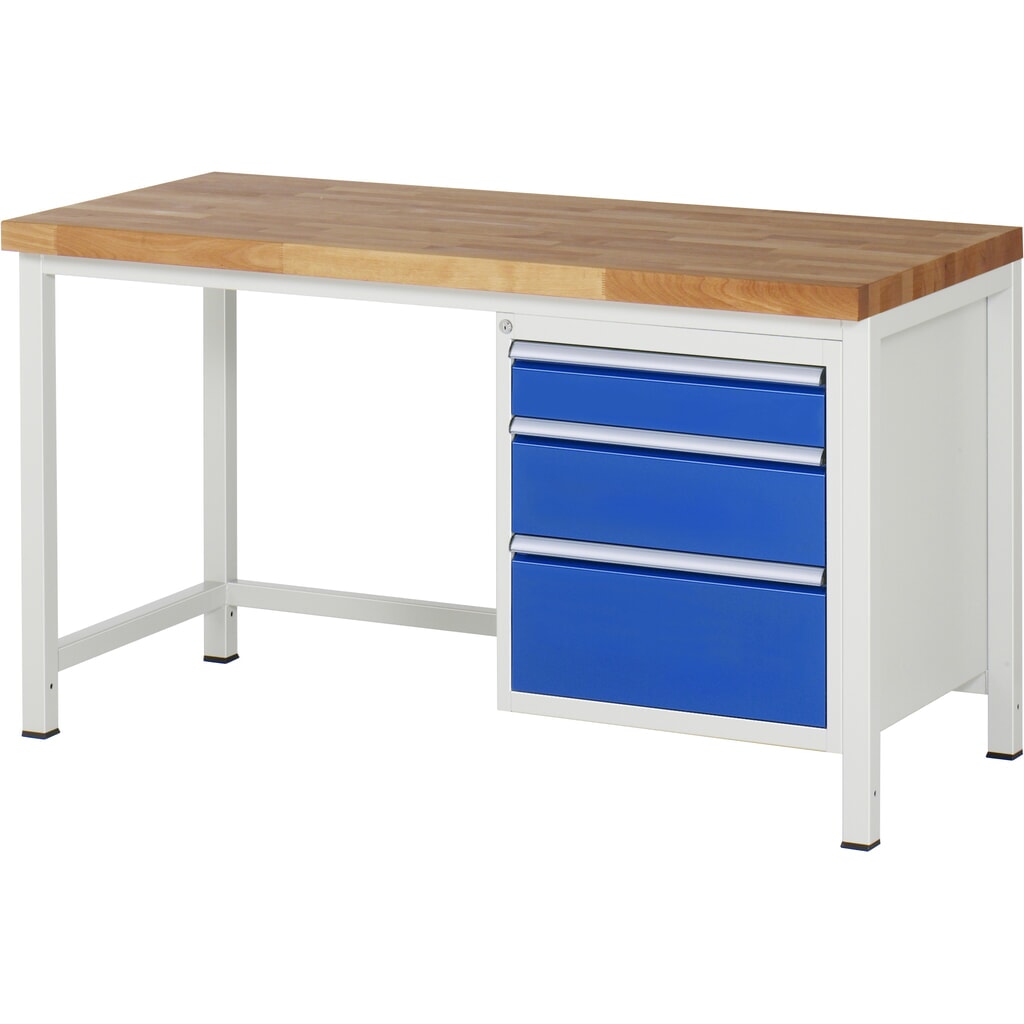 Produktabbildung: RAU Werkbank Serie 8000, HxBxT 840-1.040 x 1.500 x 700 mm, 3 x 90%-Auszug-Schubladen 1 x 120, 1 x 180, 1 x 240 mm, Breite 490 mm