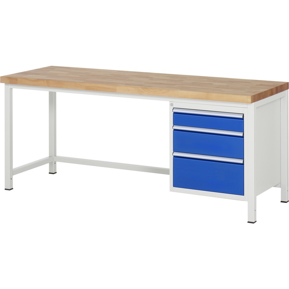 Produktabbildung: RAU Werkbank Serie 8000, HxBxT 840-1.040 x 2.000 x 700 mm, 3 x 90%-Auszug-Schubladen 1 x 120, 1 x 180, 1 x 240 mm, Breite 490 mm