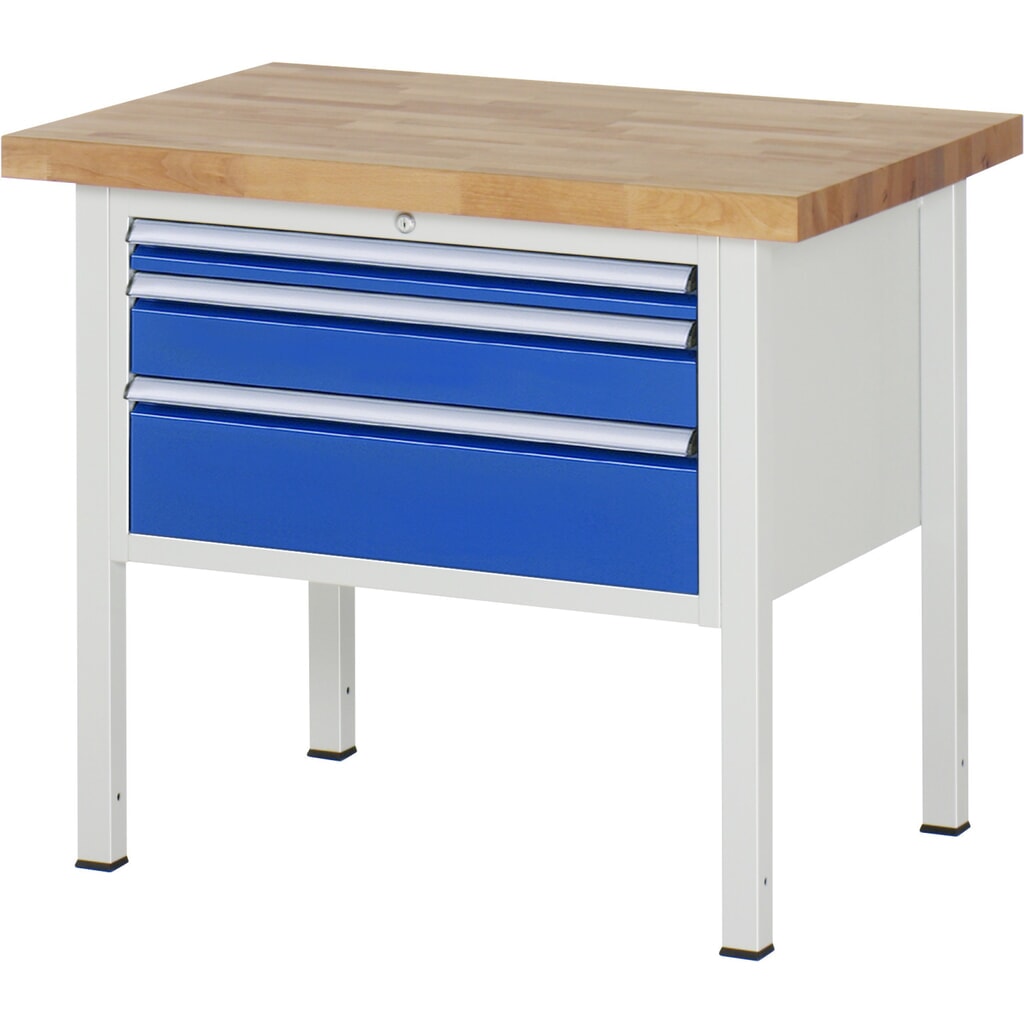 Produktabbildung: RAU Werkbank Serie 8000, HxBxT 840-1.040 x 1.000 x 700 mm, 3 x 90%-Auszug-Schubladen 1 x 60, 1 x 120, 1 x 180 mm, Breite 680 mm