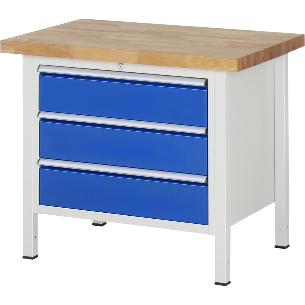 RAU Werkbank Serie 8000, HxBxT 840 x 1.000 x 700 mm, 3 x 90%-Auszug-Schubladen 3 x 180 mm, Schubladen-TK 75 kg Produktabbildung: RAU Werkbank Serie 8000, HxBxT 840 x 1.000 x 700 mm, 3 x 90%-Auszug-Schubladen 3 x 180 mm, Schubladen-TK 75 kg