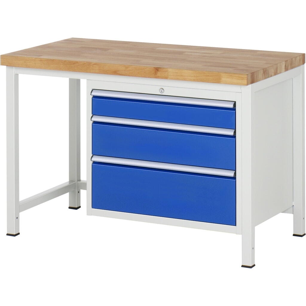 Produktabbildung: RAU Werkbank Serie 8000, HxBxT 840-1.040 x 1.250 x 700 mm, 3 x 100%-Auszug-Schubladen 1 x 120, 1 x 180, 1 x 240 mm, Breite 680 mm