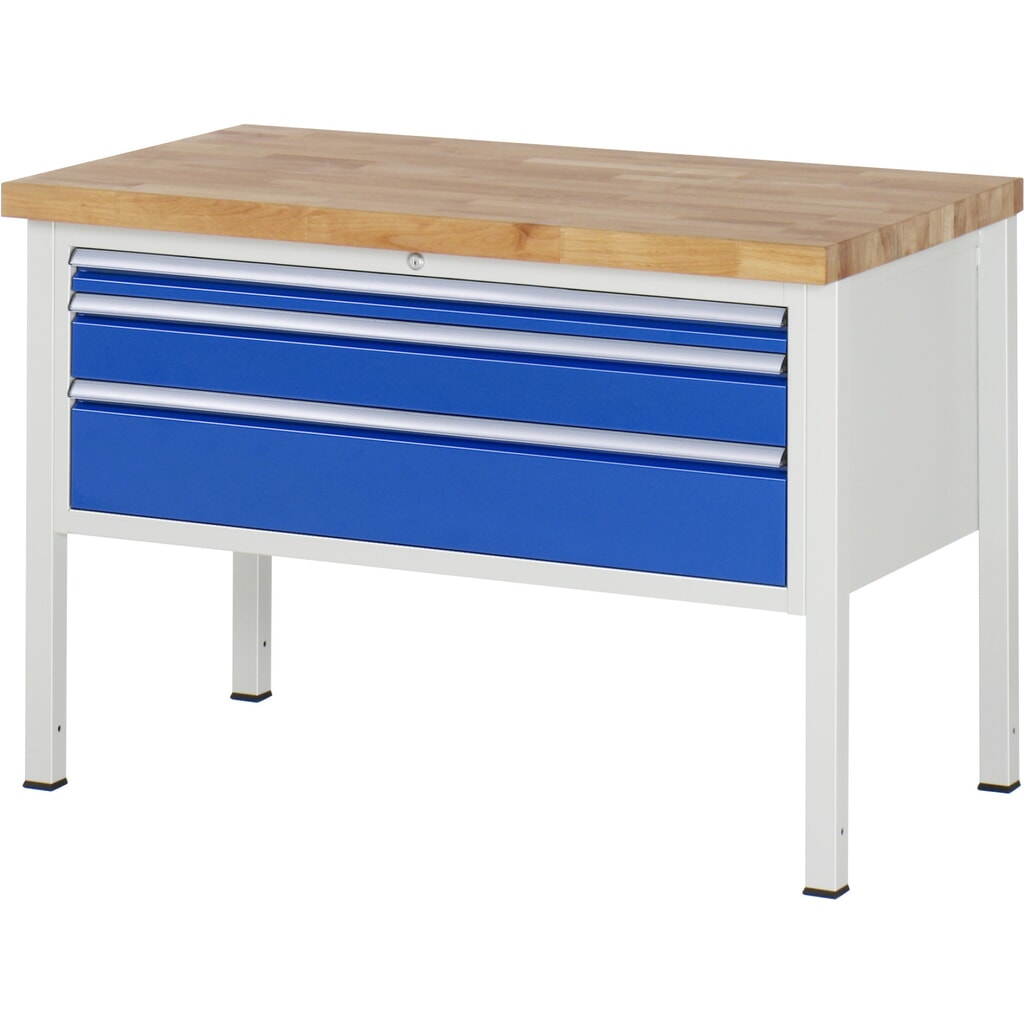 RAU Werkbank Serie 8000, HxBxT 840-1.040 x 1.250 x 700 mm, 3 x 100%-Auszug-Schubladen 1 x 60, 1 x 120, 1 x 180 mm, Breite 1.055 mm Produktabbildung: RAU Werkbank Serie 8000, HxBxT 840-1.040 x 1.250 x 700 mm, 3 x 100%-Auszug-Schubladen 1 x 60, 1 x 120, 1 x 180 mm, Breite 1.055 mm