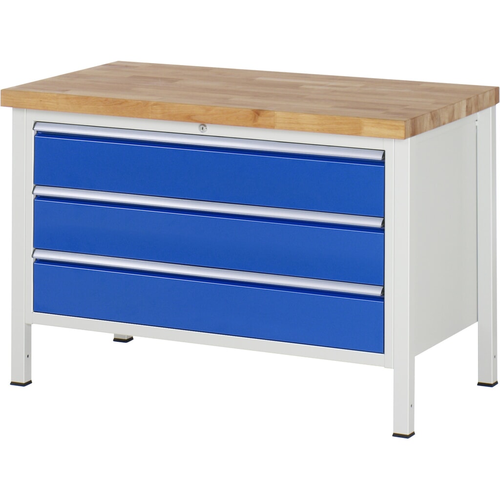 RAU Werkbank Serie 8000, HxBxT 840-1.040 x 1.250 x 700 mm, 3 x 90%-Auszug-Schubladen 3 x 180 mm, Breite 1.055 mm Produktabbildung: RAU Werkbank Serie 8000, HxBxT 840-1.040 x 1.250 x 700 mm, 3 x 90%-Auszug-Schubladen 3 x 180 mm, Breite 1.055 mm