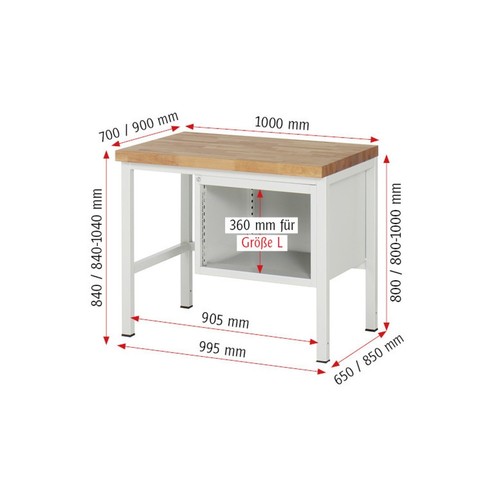 Produktabbildung Nr. 5: RAU Werkbank Serie 8000, HxBxT 840-1.040 x 1.000 x 900 mm, 2 x 90%-Auszug-Schubladen 1 x 150, 1 x 210 mm, Schubladen-TK 100 kg