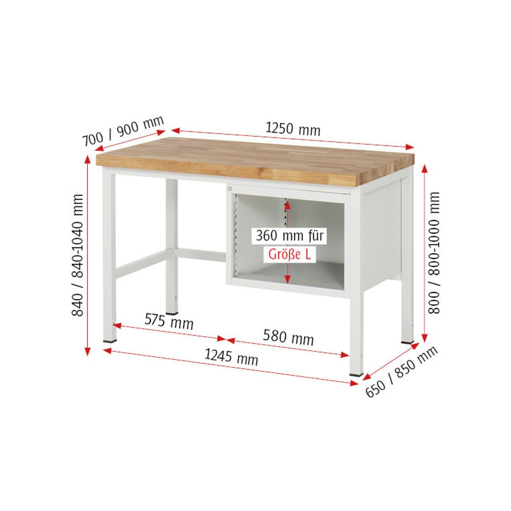 Produktabbildung Nr. 3: RAU Werkbank Serie 8000, HxBxT 840 x 1.250 x 700 mm, 2 x 100%-Auszug-Schubladen 2 x 180 mm, Schubladen-TK 100 kg