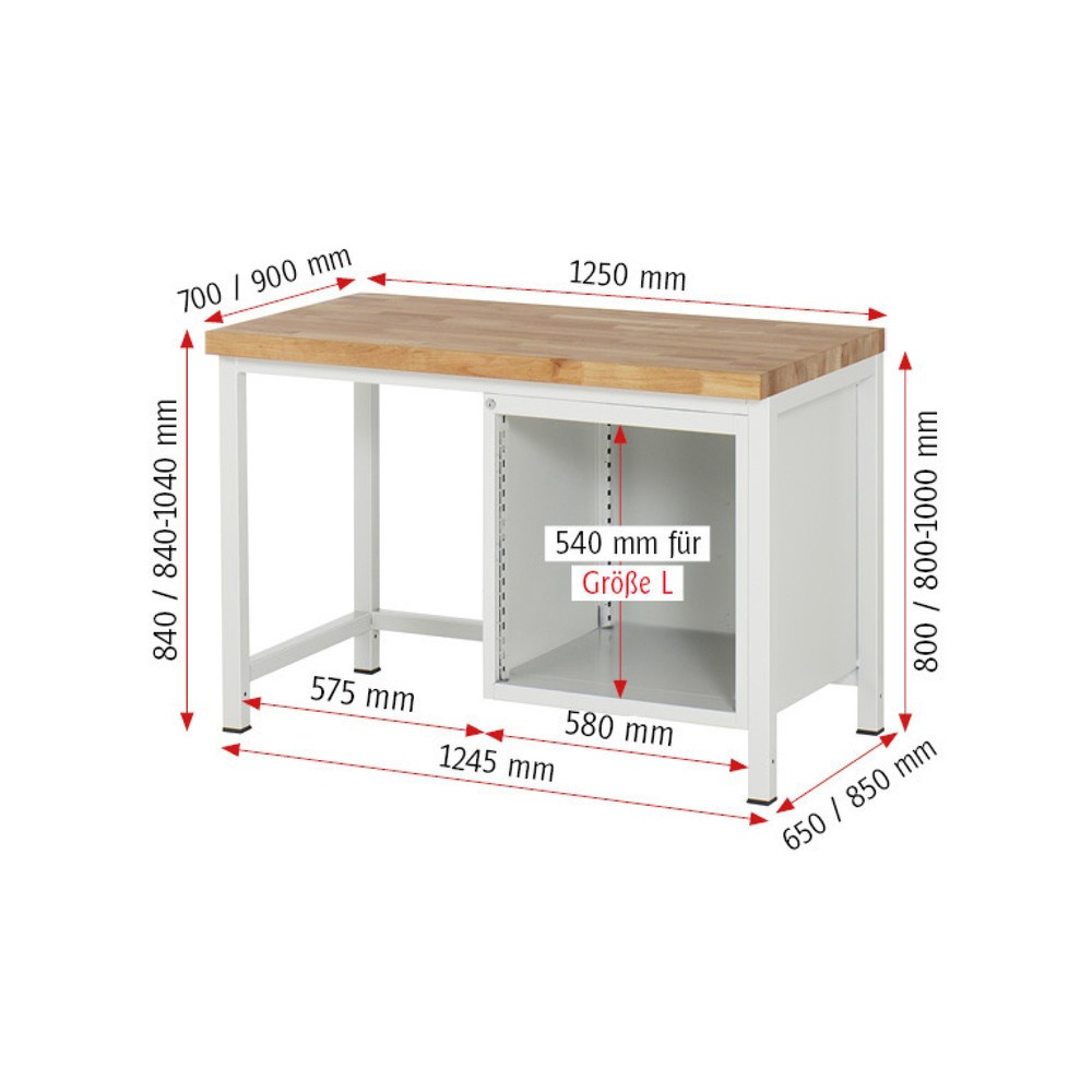 Produktabbildung Nr. 6: RAU Werkbank Serie 8000, HxBxT 840-1.040 x 1.250 x 700 mm, 5 x 90%-Auszug-Schubladen 4 x 90, 1 x 180 mm, Schubladen-TK 100 kg