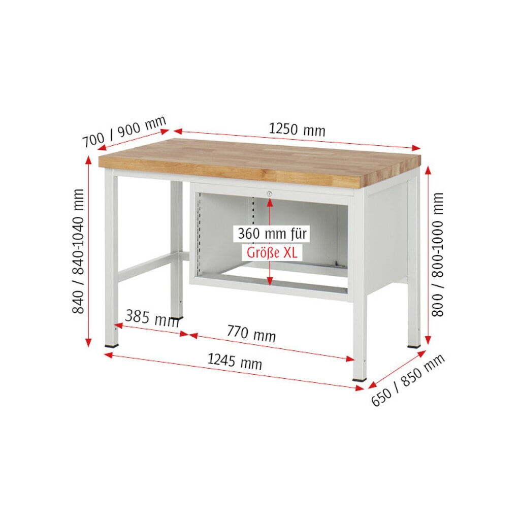 Produktabbildung Nr. 7: RAU Werkbank Serie 8000, HxBxT 840-1.040 x 1.250 x 900 mm, 3 x 100%-Auszug-Schubladen 1 x 60, 1 x 120, 1 x 180 mm, Schubladen-TK 75 kg