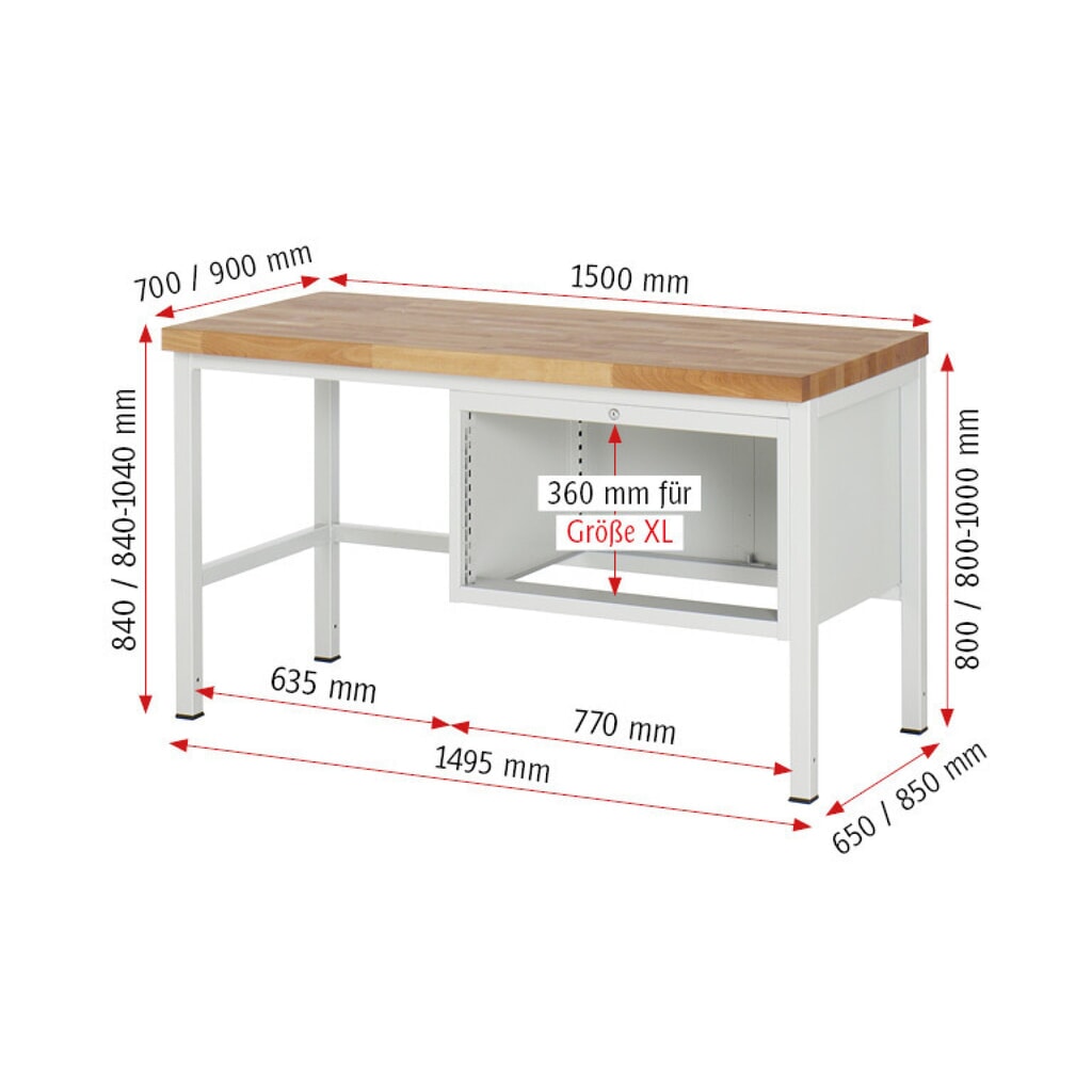 Produktabbildung Nr. 7: RAU Werkbank Serie 8000, HxBxT 840-1.040 x 1.500 x 700 mm, 4 x 100%-Auszug-Schubladen 1 x 60, 2 x 90, 1 x 120 mm, Breite 680 mm