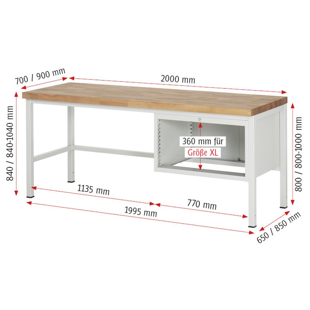 Produktabbildung Nr. 7: RAU Werkbank Serie 8000, HxBxT 840-1.040 x 2.000 x 700 mm, 4 x 90%-Auszug-Schubladen 4 x 90 mm, Breite 680 mm