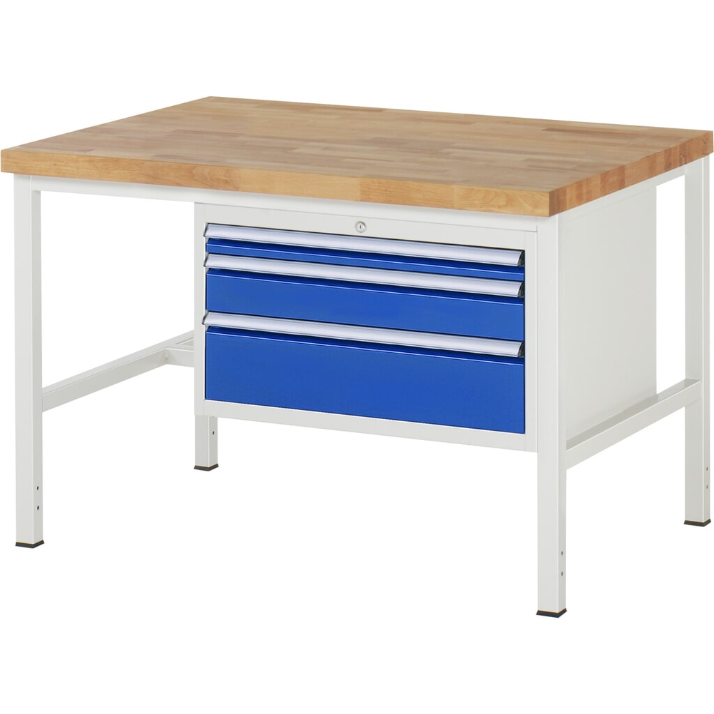 Produktabbildung: RAU Werkbank Serie 8000, HxBxT 840-1.040 x 1.250 x 900 mm, 3 x 100%-Auszug-Schubladen 1 x 60, 1 x 120, 1 x 180 mm, Schubladen-TK 75 kg