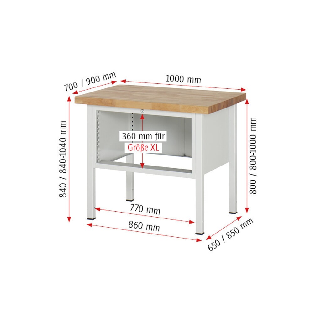 Produktabbildung Nr. 8: RAU Werkbank Serie 8000, HxBxT 840-1.040 x 1.000 x 700 mm, 3 x 90%-Auszug-Schubladen 1 x 60, 1 x 120, 1 x 180 mm, Breite 680 mm