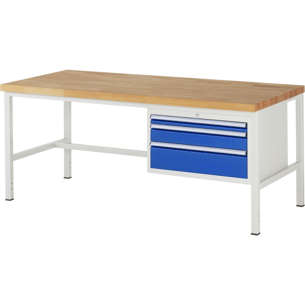 Produktabbildung: RAU Werkbank Serie 8000, HxBxT 840 x 2.000 x 900 mm, 3 x 100%-Auszug-Schubladen 1 x 60, 1 x 120, 1 x 180 mm, Schubladen-TK 75 kg