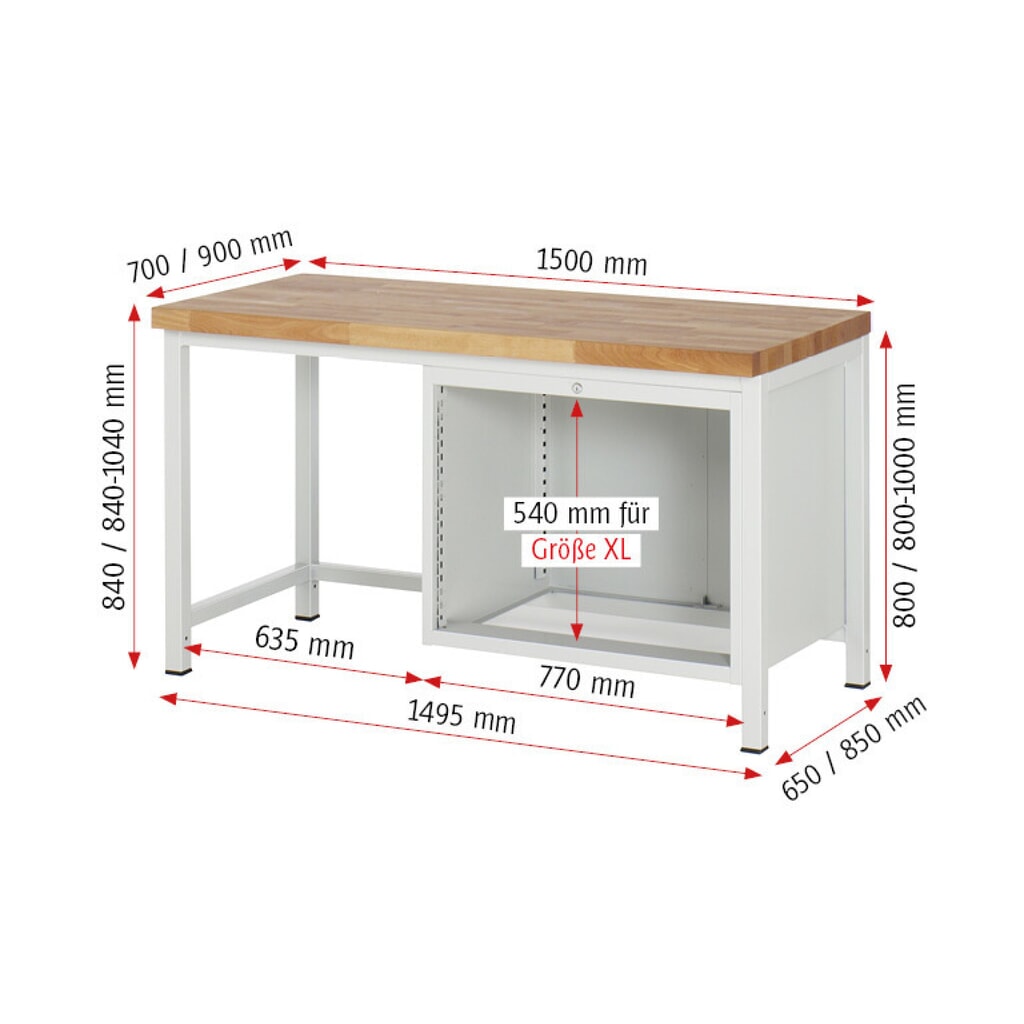 Produktabbildung Nr. 7: RAU Werkbank Serie 8000, HxBxT 840-1.040 x 1.500 x 700 mm, 5 x 90%-Auszug-Schubladen 2 x 90, 3 x 120 mm, Schubladen-TK 75 kg