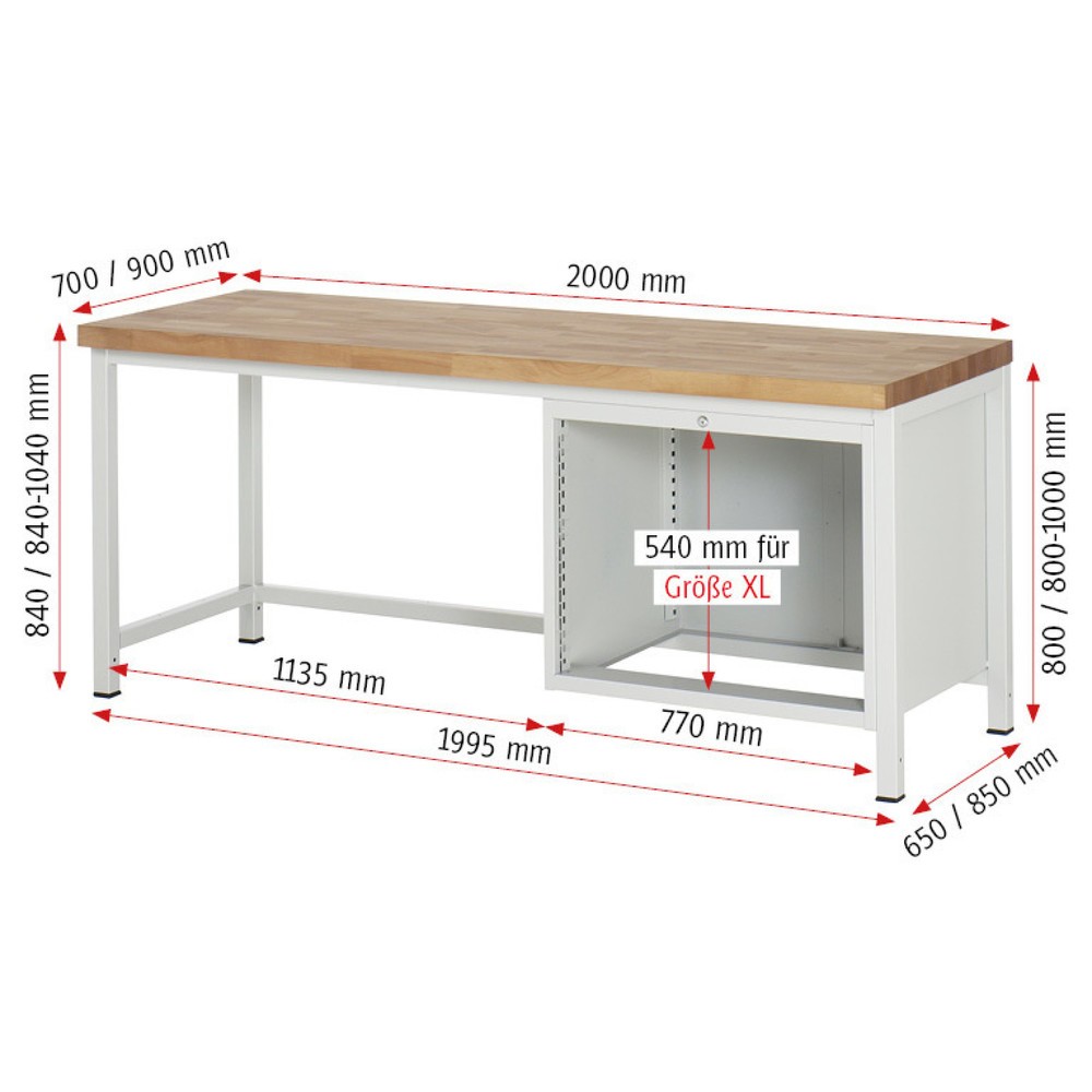 Produktabbildung Nr. 4: RAU Werkbank Serie 8000, HxBxT 840-1.040 x 2.000 x 900 mm, 2 x 100%-Auszug-Schubladen 2 x 270 mm, Schubladen-TK 75 kg