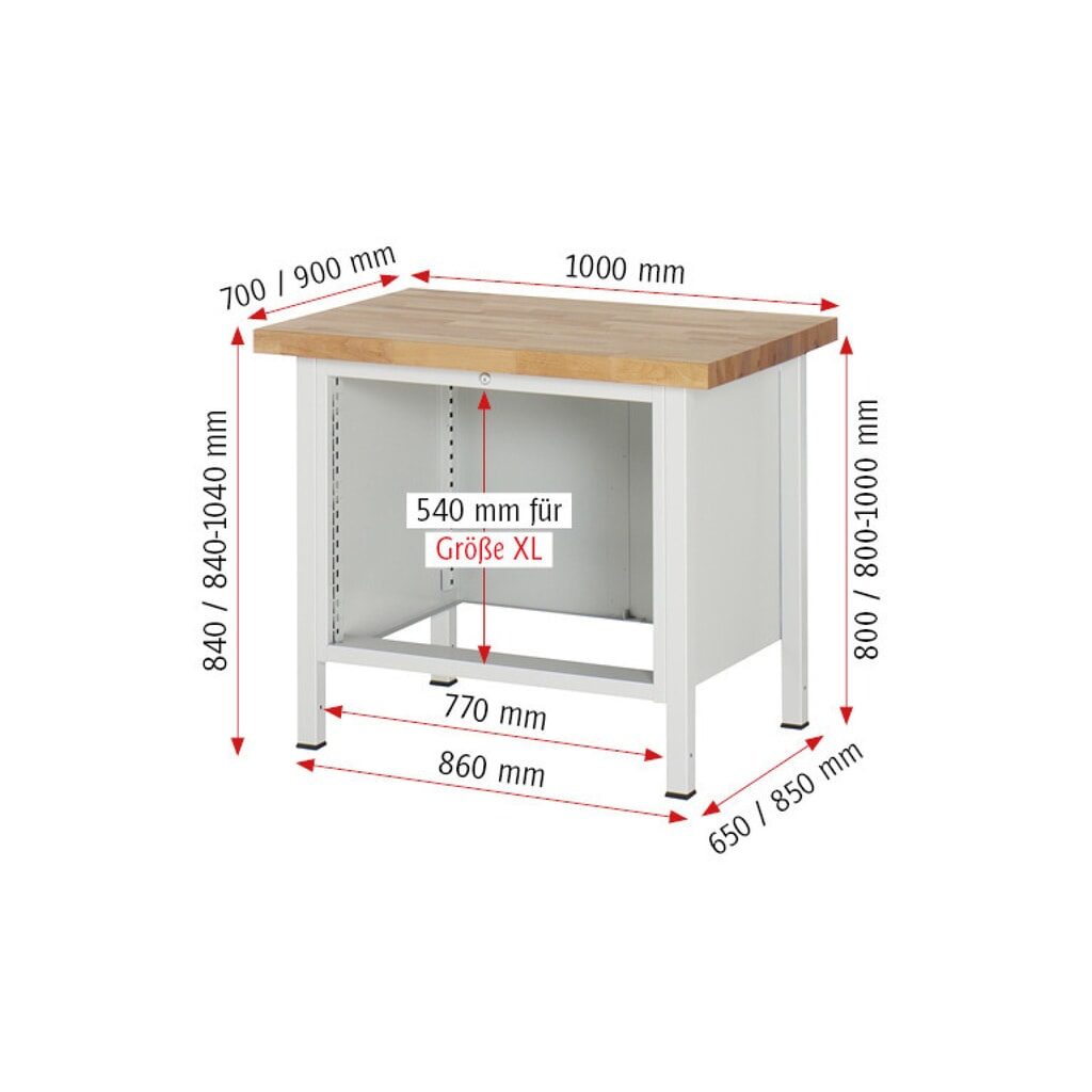 Produktabbildung Nr. 8: RAU Werkbank Serie 8000, HxBxT 840-1.040 x 1.000 x 700 mm, 5 x 90%-Auszug-Schubladen 2 x 90, 3 x 120 mm, Schubladen-TK 75 kg