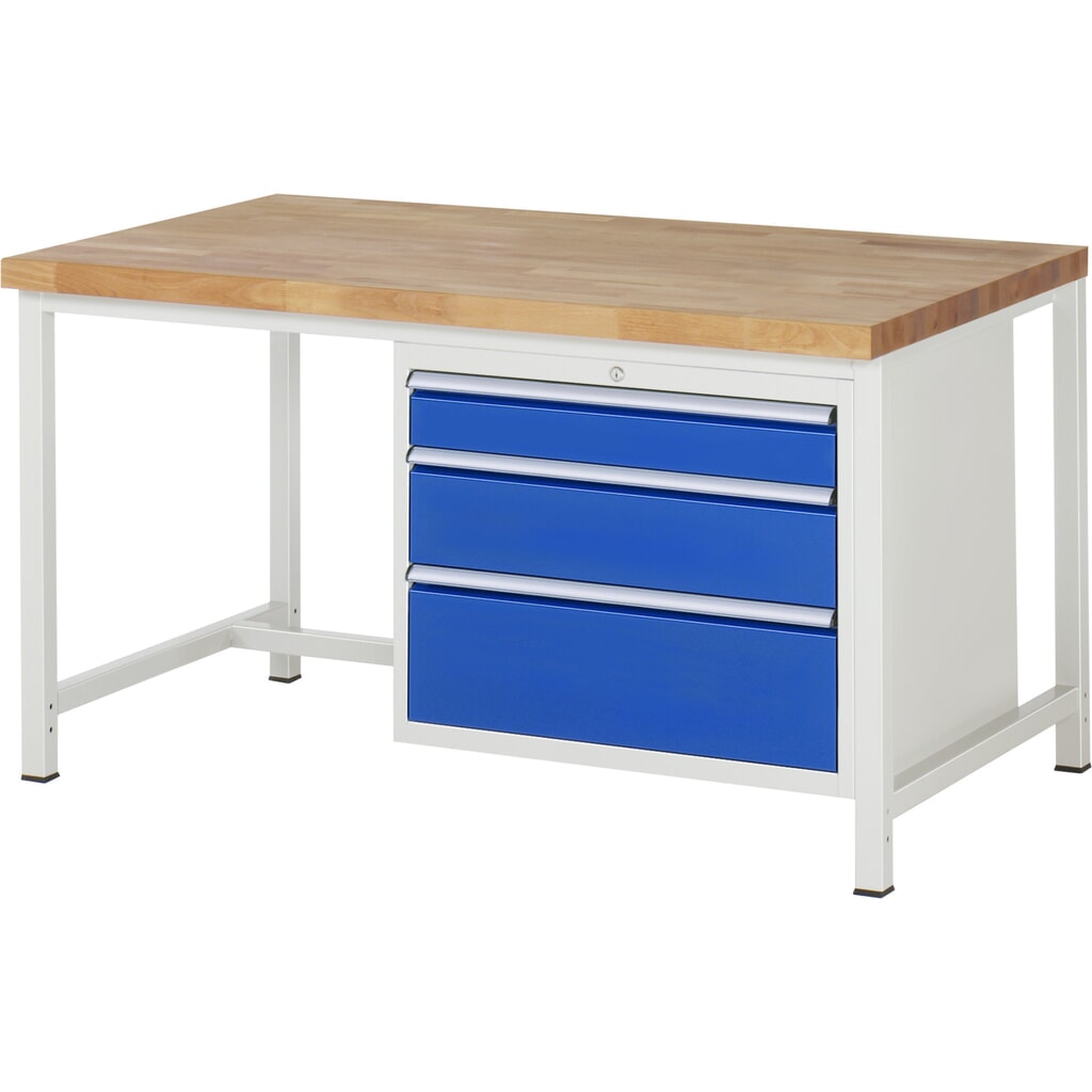 Produktabbildung: RAU Werkbank Serie 8000, HxBxT 840-1.040 x 1.500 x 900 mm, 3 x 90%-Auszug-Schubladen 1 x 120, 1 x 180, 1 x 240 mm, Schubladen-TK 75 kg