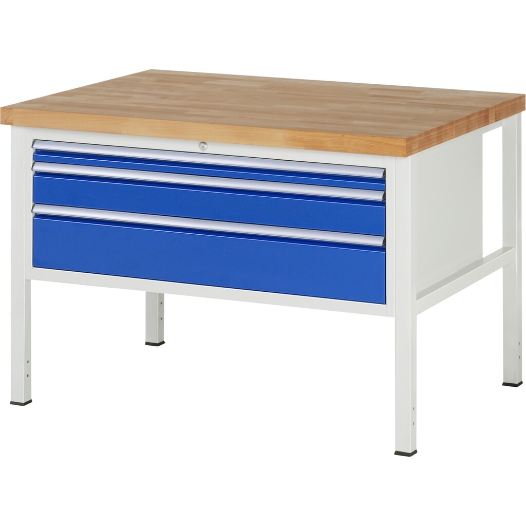 Produktabbildung: RAU Werkbank Serie 8000, HxBxT 840 x 1.250 x 900 mm, 3 x 90%-Auszug-Schubladen 1 x 60, 1 x 120, 1 x 180 mm, Schubladen-TK 50 kg