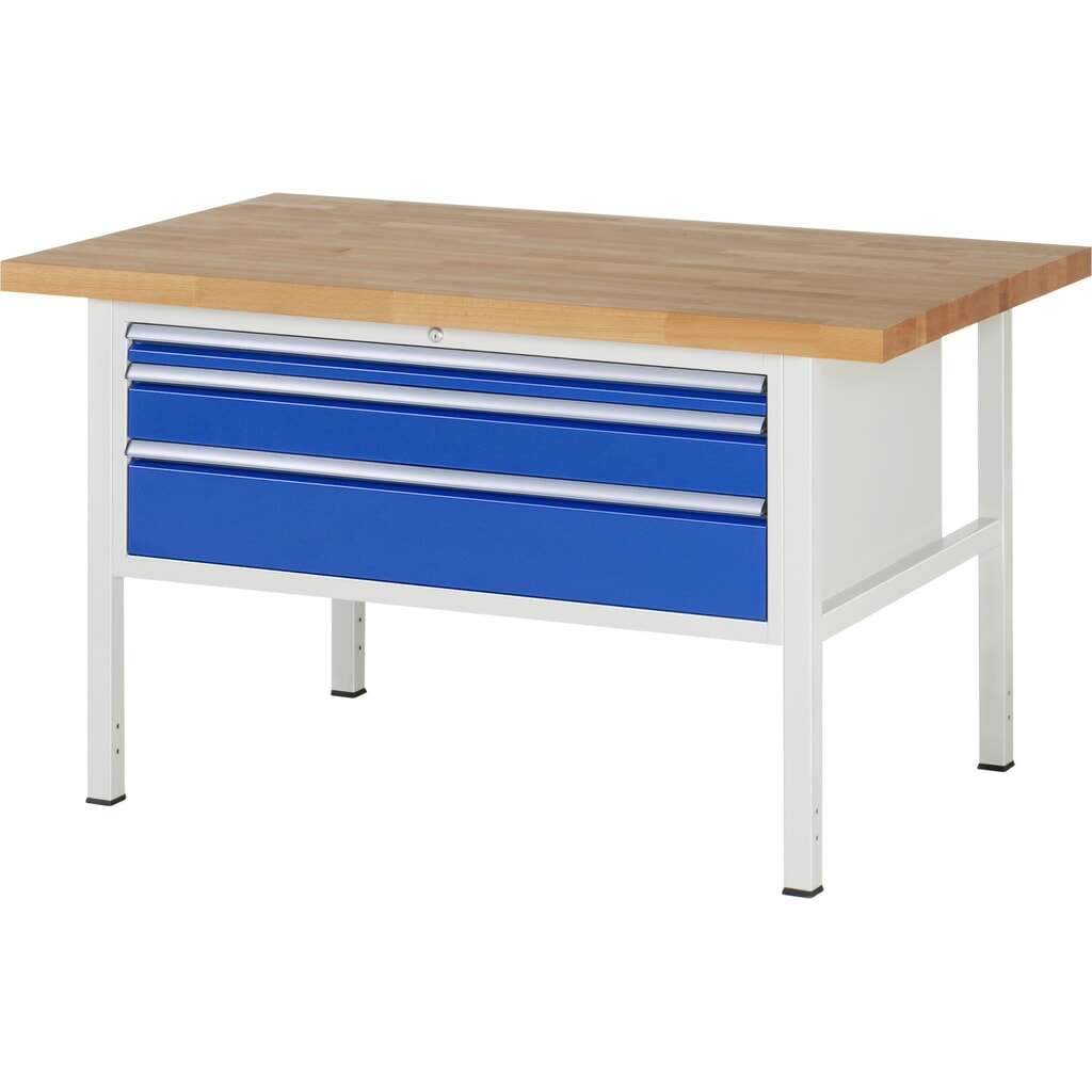 Produktabbildung: RAU Werkbank Serie 8000, HxBxT 840 x 1.500 x 900 mm, 3 x 90%-Auszug-Schubladen 1 x 60, 1 x 120, 1 x 180 mm, Schubladen-TK 50 kg