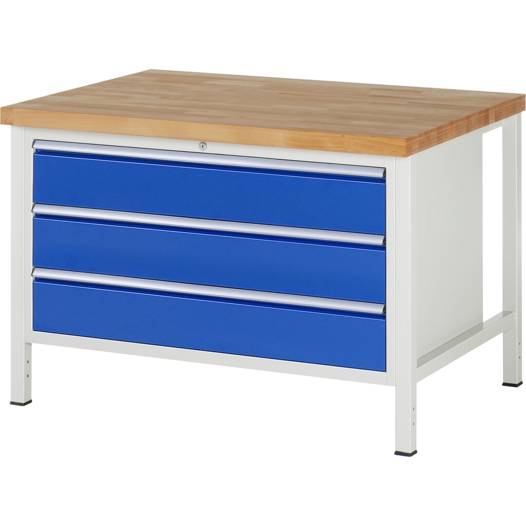Produktabbildung: RAU Werkbank Serie 8000, HxBxT 840-1.040 x 1.250 x 900 mm, 3 x 100%-Auszug-Schubladen 3 x 180 mm, Schubladen-TK 50 kg