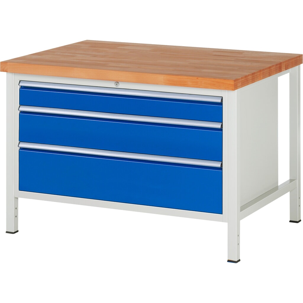 RAU Werkbank Serie 8000, HxBxT 840-1.040 x 1.250 x 900 mm, 3 x 100%-Auszug-Schubladen 1 x 120, 1 x 180, 1 x 240 mm, Schubladen-TK 50 kg Produktabbildung: RAU Werkbank Serie 8000, HxBxT 840-1.040 x 1.250 x 900 mm, 3 x 100%-Auszug-Schubladen 1 x 120, 1 x 180, 1 x 240 mm, Schubladen-TK 50 kg
