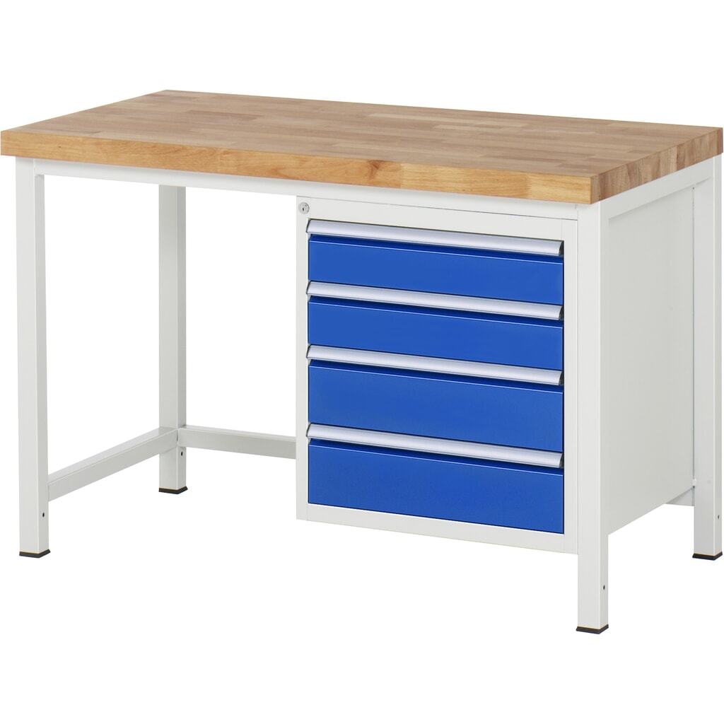 Produktabbildung: RAU Werkbank Serie 8000, HxBxT 840-1.040 x 1.250 x 700 mm, 4 x 90%-Auszug-Schubladen 2 x 120, 2 x 150 mm, Breite 490 mm