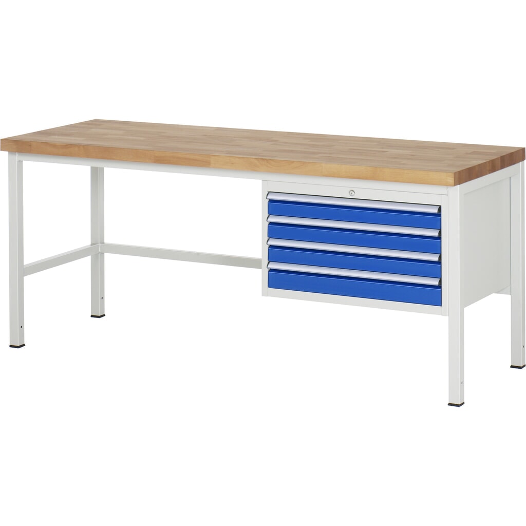 Produktabbildung: RAU Werkbank Serie 8000, HxBxT 840-1.040 x 2.000 x 700 mm, 4 x 90%-Auszug-Schubladen 4 x 90 mm, Breite 680 mm