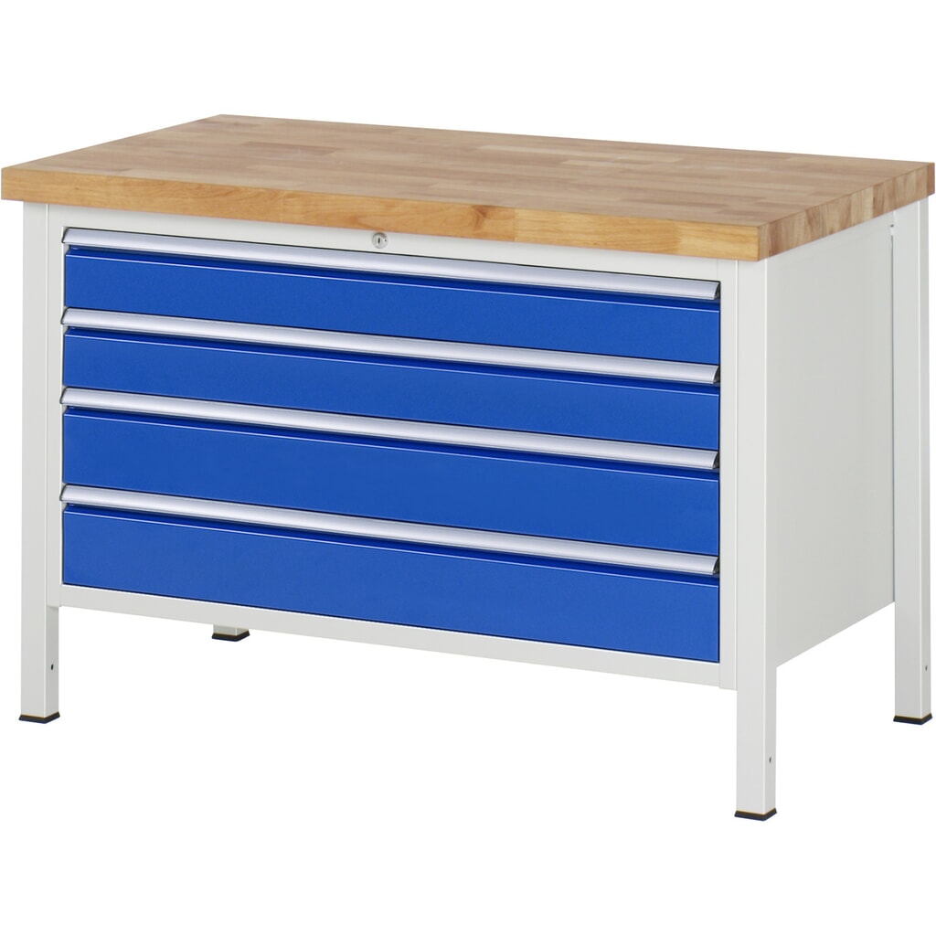 RAU Werkbank Serie 8000, HxBxT 840-1.040 x 1.250 x 700 mm, 4 x 100%-Auszug-Schubladen 2 x 120, 2 x 150 mm, Breite 1.055 mm Produktabbildung: RAU Werkbank Serie 8000, HxBxT 840-1.040 x 1.250 x 700 mm, 4 x 100%-Auszug-Schubladen 2 x 120, 2 x 150 mm, Breite 1.055 mm