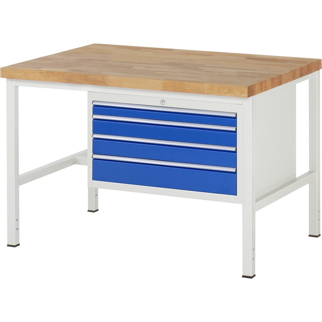 Produktabbildung: RAU Werkbank Serie 8000, HxBxT 840-1.040 x 1.250 x 900 mm, 4 x 90%-Auszug-Schubladen 1 x 60, 2 x 90, 1 x 120 mm, Breite 680 mm